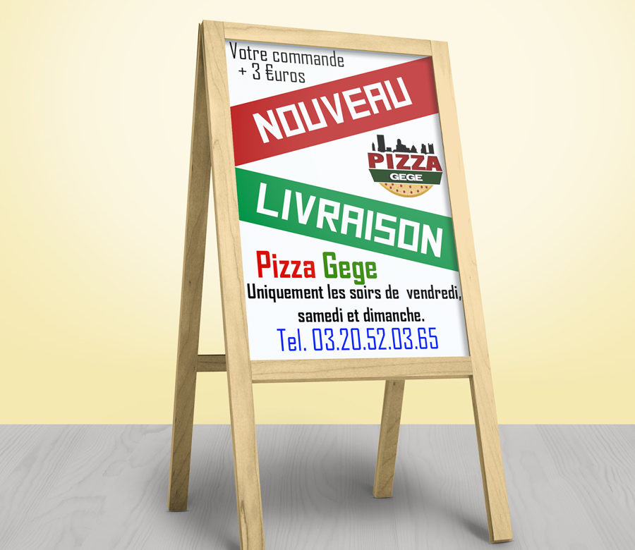 Création et impression d'affiche publicitaire pour restaurant et chevalet en bois